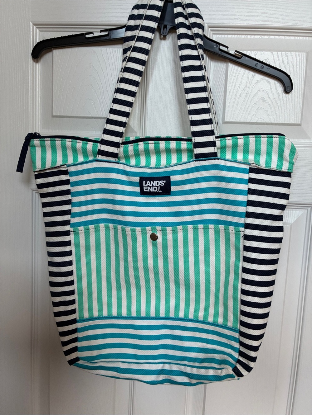 Lands' End Striped Tote in Teal, Mint & Navy